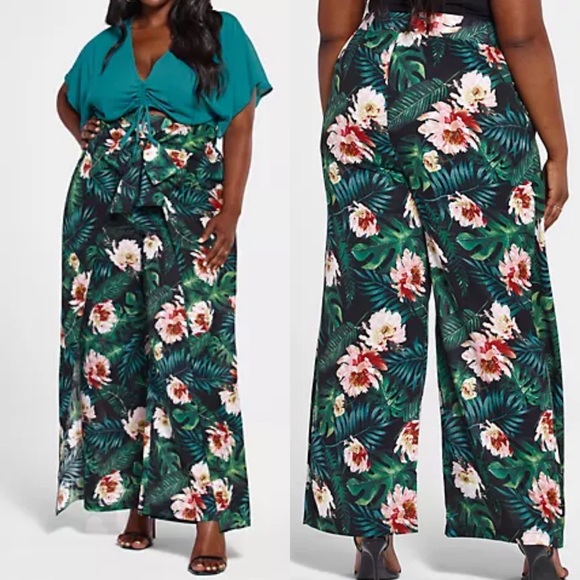 SRV X Fashion To Figure Juana Tie Front Wide Leg Flowy Pants: Tropical Floral - Picture 3 of 12